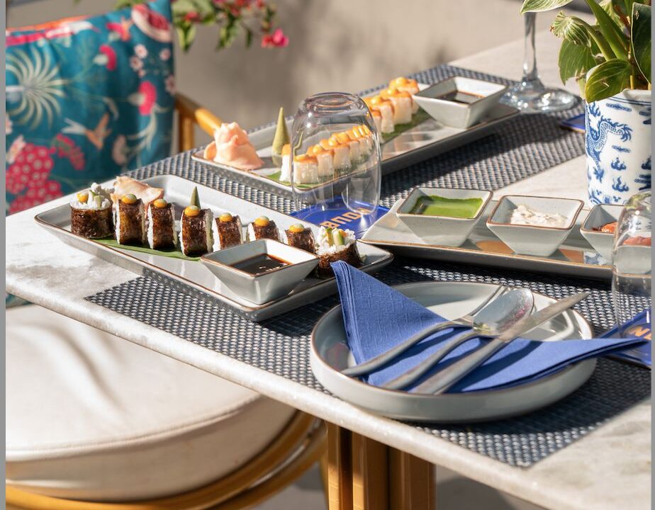 Sushi platter on a rooftop table at nouba jaipur