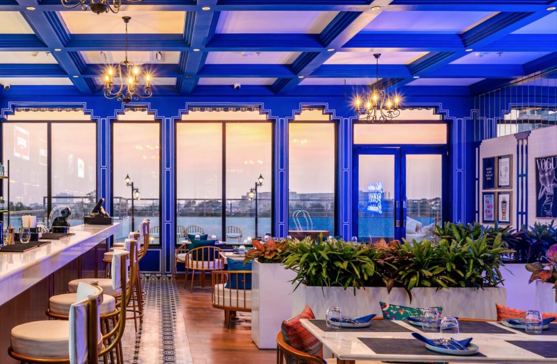 Electric blue dining room at sunset at nouba jaipur