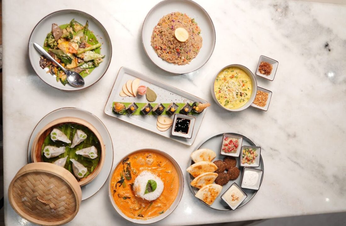 Overhead shot of a full table spread at nouba jaipur