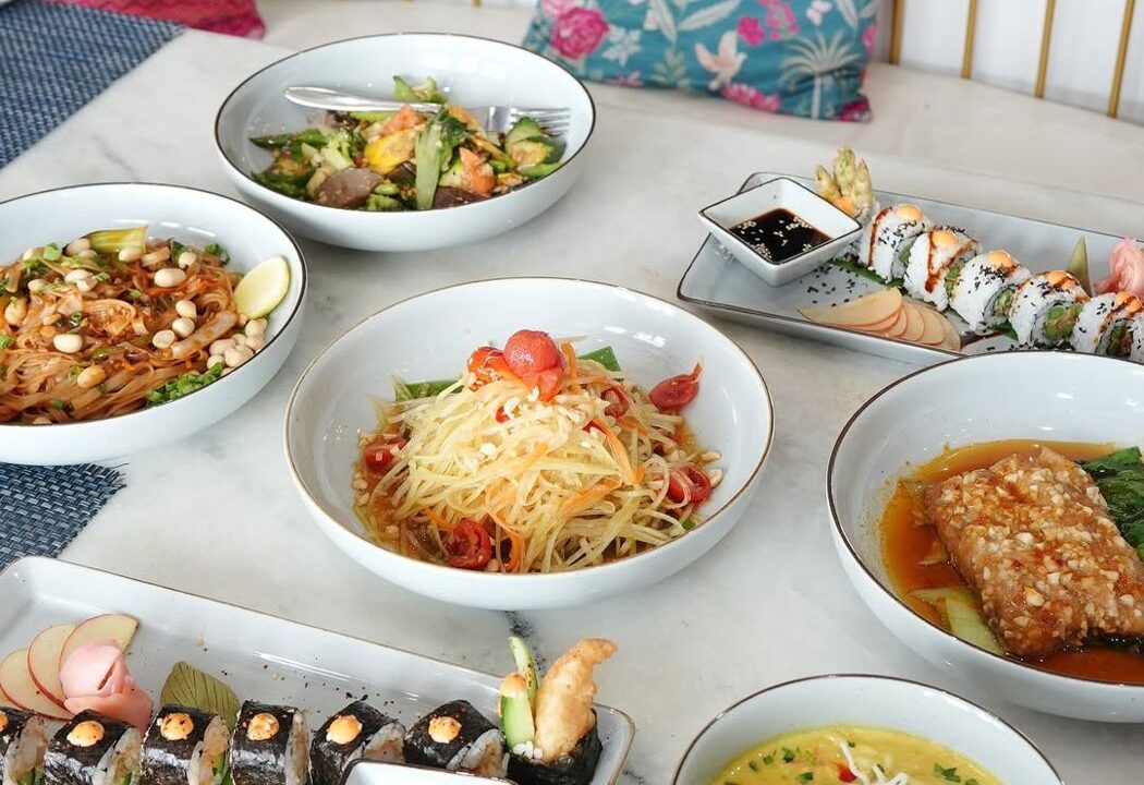 Table spread with sushi and soup at nouba jaipur