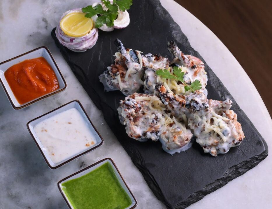 Malai kebab with chutneys at nouba jaipur